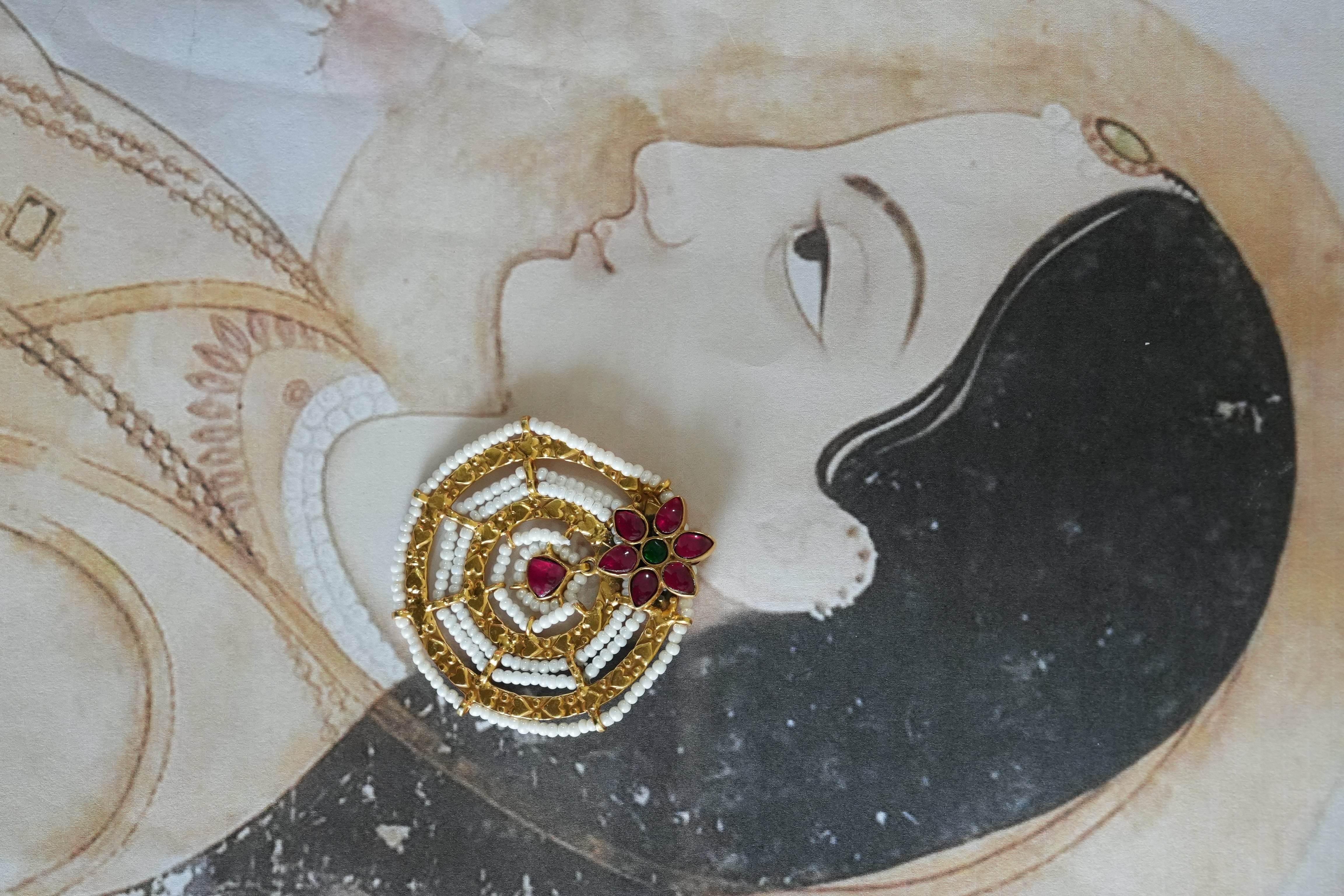 Floral Studded Silver Earring with Pearl Work